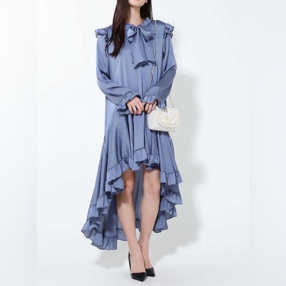 Sister Jane Steel-Blue Ruffle High-Low Tie-Neck Dress size M